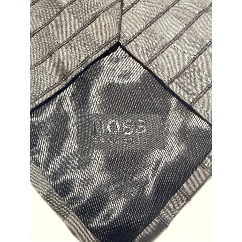 Hugo Boss Necktie Black Silk Cotton Textured Diagonal Grid Basketweave Tie